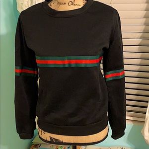 Black sweater with green & red ribbon